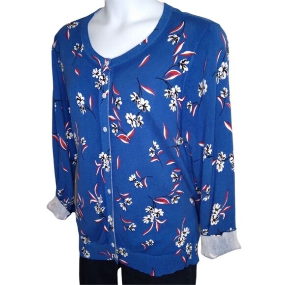 WOMAN WITHIN Cobalt Print Button Down COTTON CARDIGAN Size 2X - Picture 1 of 11